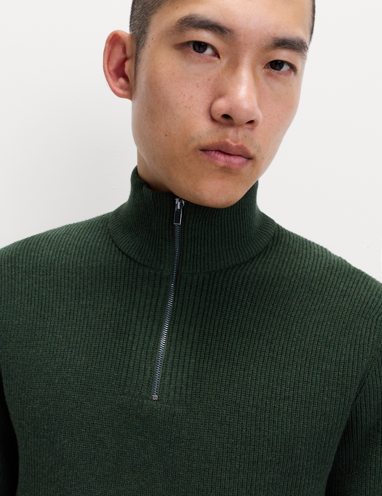 Cotton Blend Ribbed Half Zip Jumper