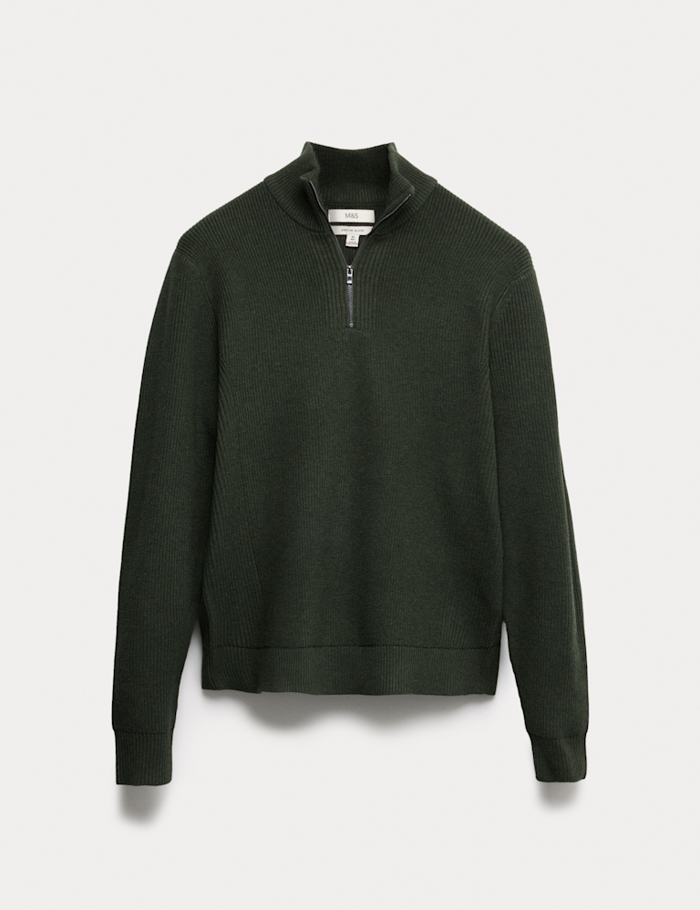 Cotton Blend Ribbed Half Zip Jumper