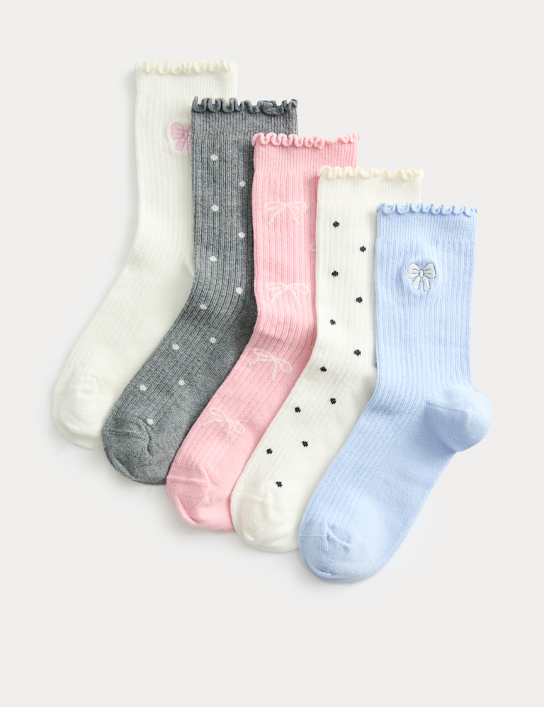 5 Pack Cotton Rich Bow Ribbed Socks (6 Small – 7 Large)