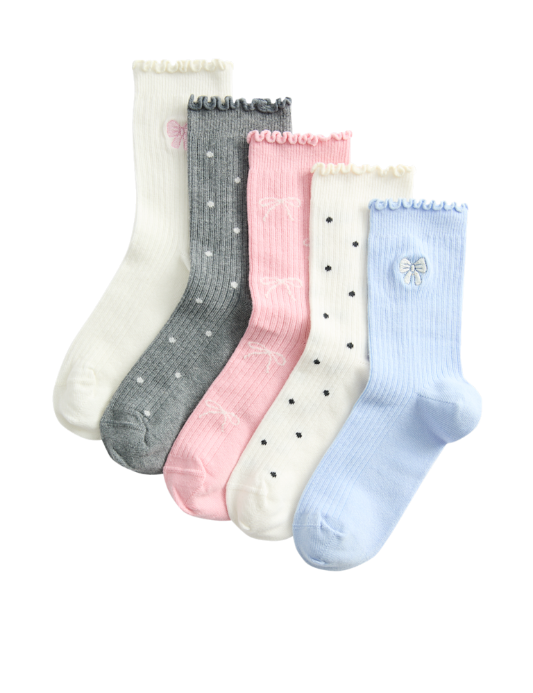 5 Pack Cotton Rich Bow Ribbed Socks (6 Small – 7 Large)