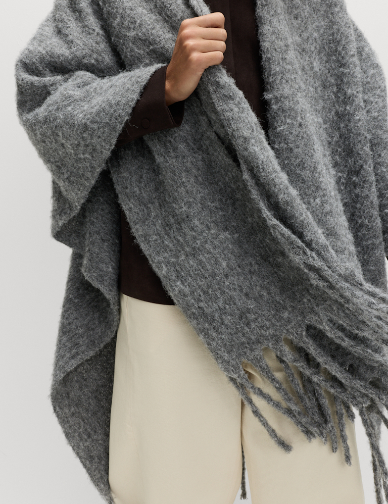 Brushed Fringed Wrap Scarf with Wool
