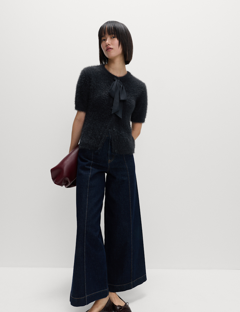 Textured Crew Neck Tie Fastening Cardigan