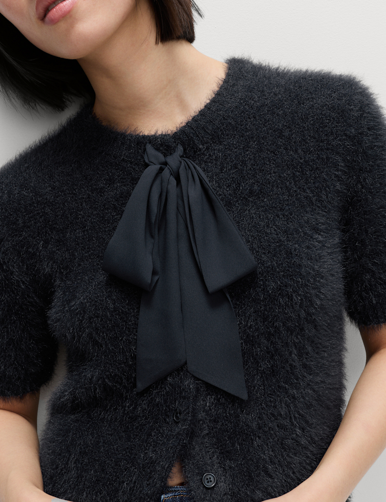 Textured Crew Neck Tie Fastening Cardigan