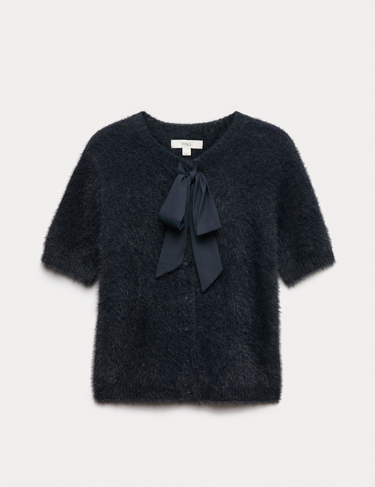 Textured Crew Neck Tie Fastening Cardigan