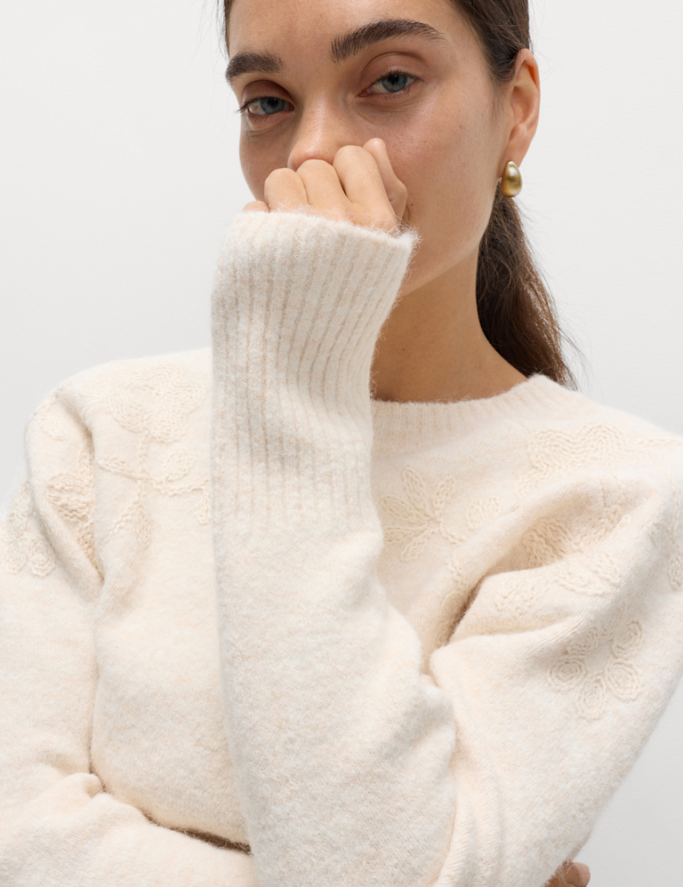 Embroidered Crew Neck Jumper With Wool