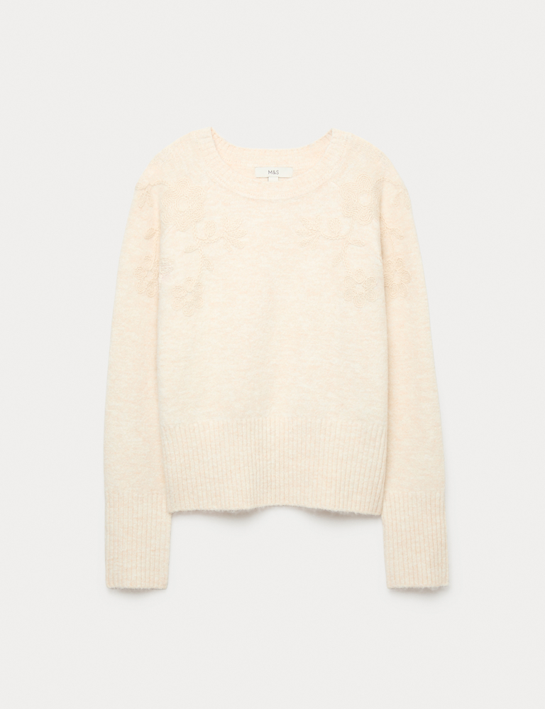 Embroidered Crew Neck Jumper With Wool
