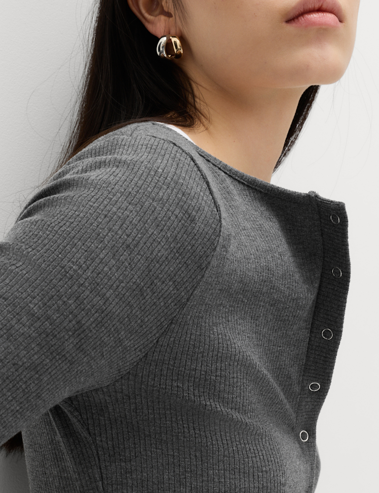 Cotton Rich Long Sleeve Popper Henley Top