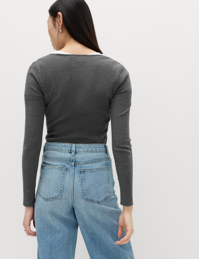 Cotton Rich Long Sleeve Popper Henley Top