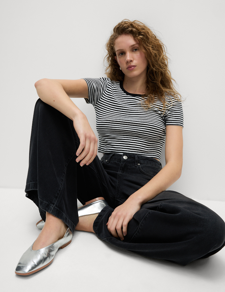 Pure Cotton Striped Crop T-Shirt