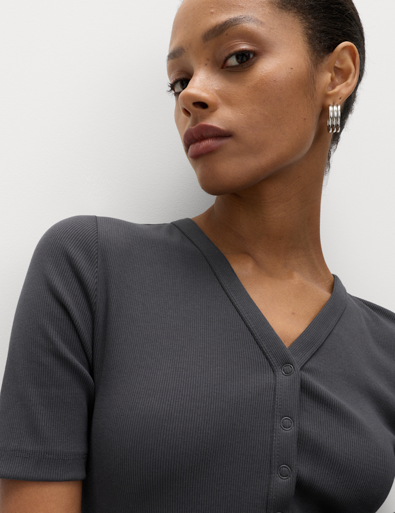 Cotton Rich Ribbed V-Neck Midi Column Dress