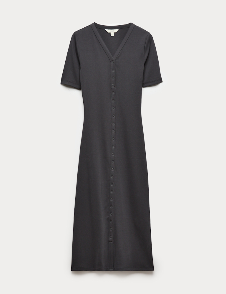 Cotton Rich Ribbed V-Neck Midi Column Dress