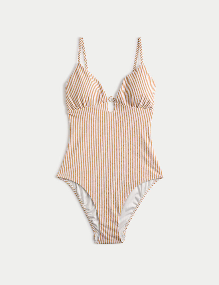 Striped Textured Ring Detail Plunge Swimsuit