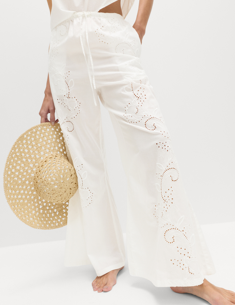 Pure Cotton Textured Broderie Beach Trousers