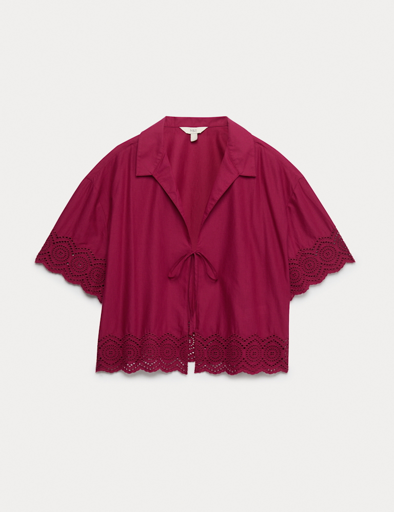 Pure Cotton Cutwork Detail Tie Front Beach Shirt