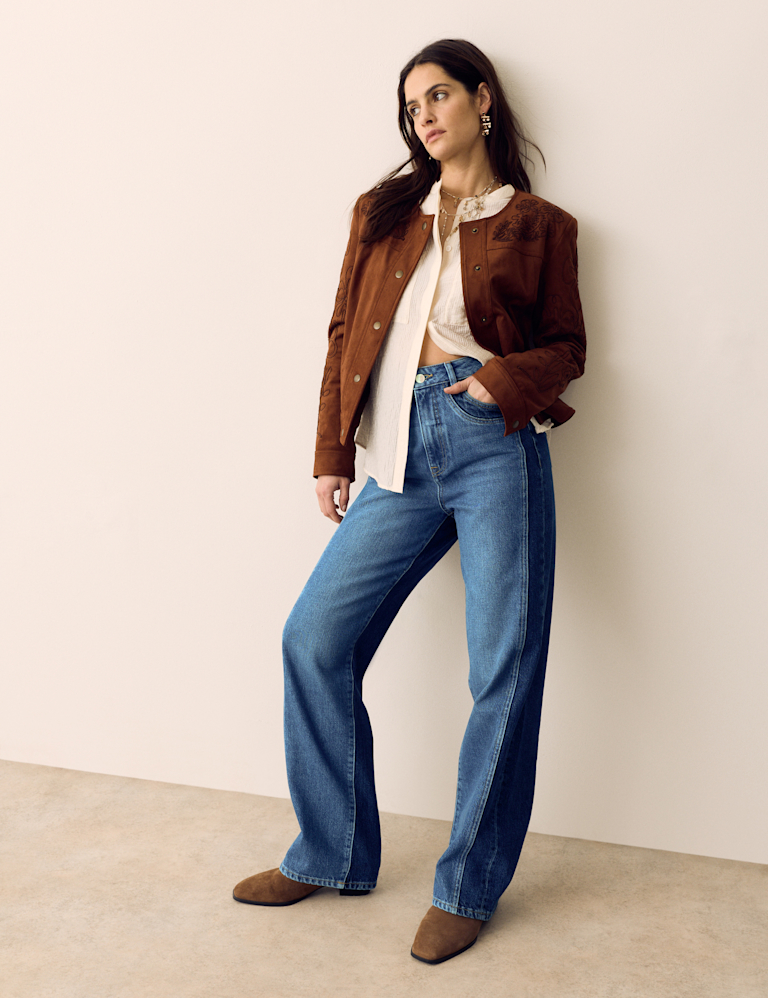 Two Tone High Waisted Straight Leg Jeans