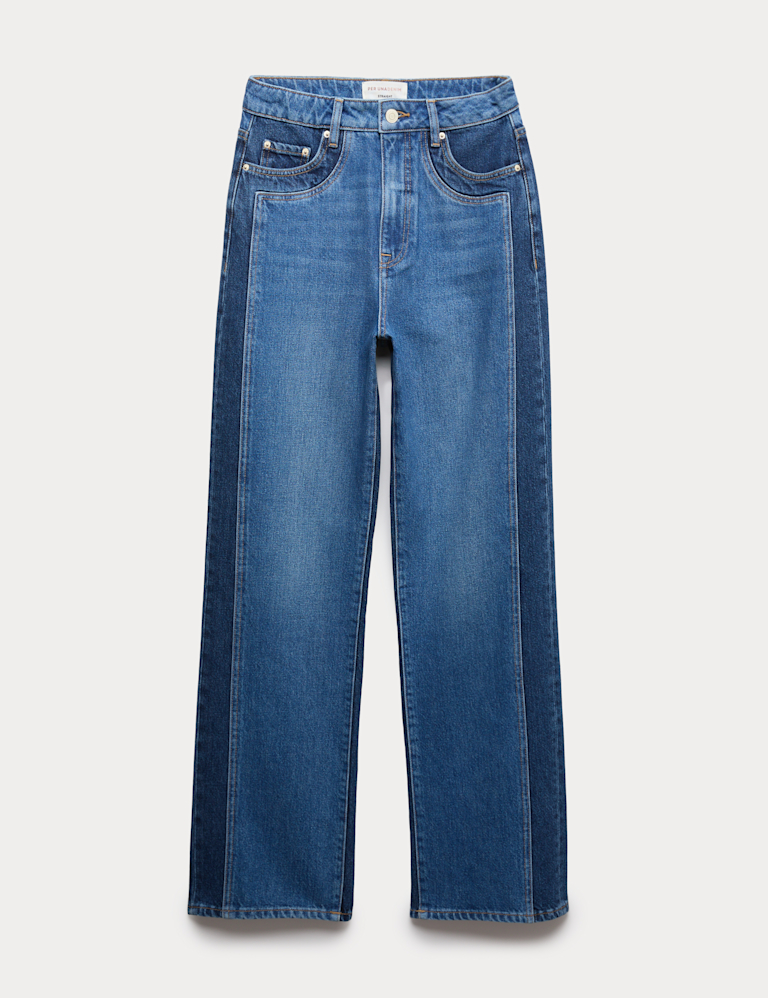 Two Tone High Waisted Straight Leg Jeans