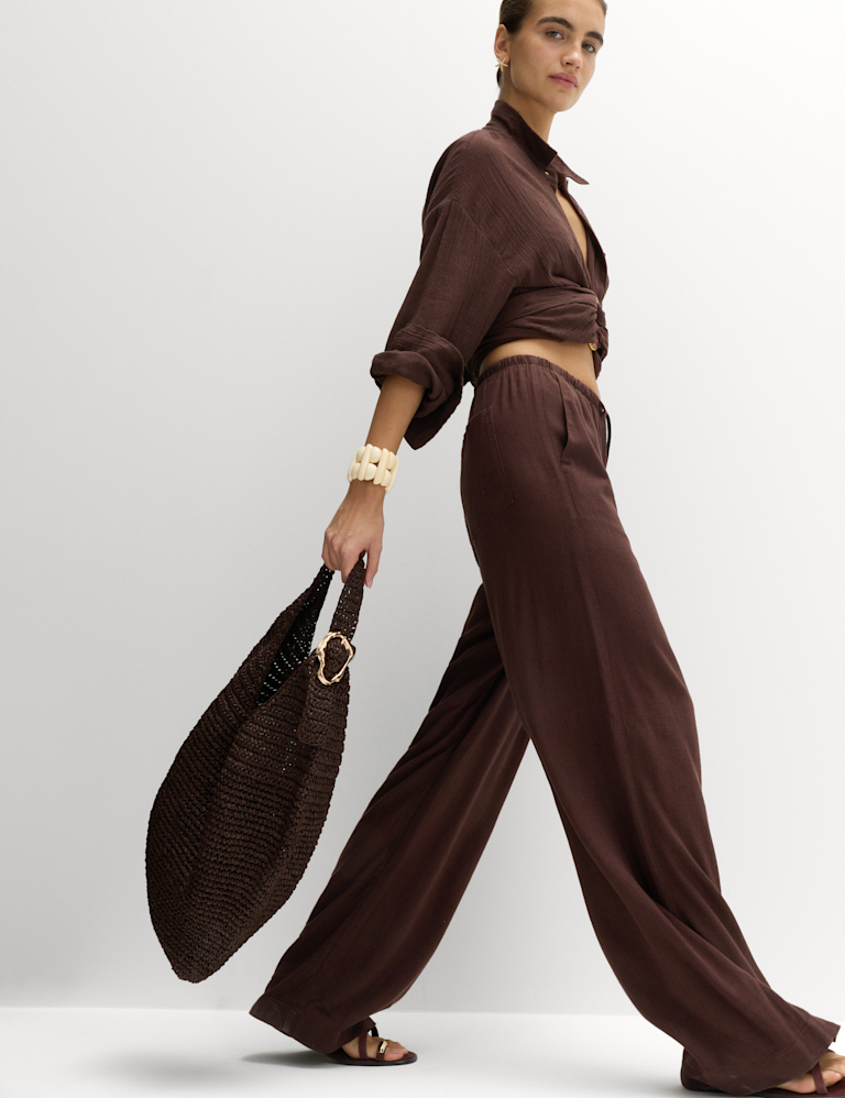 Drawstring Wide Leg Trousers with Linen
