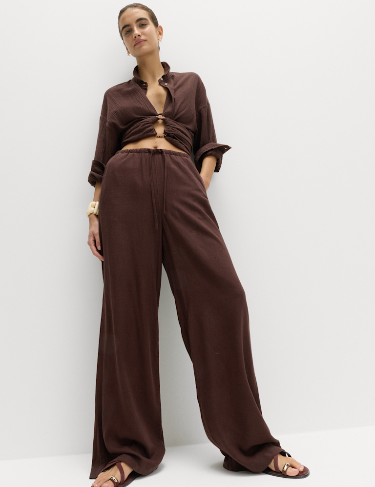 Drawstring Wide Leg Trousers with Linen