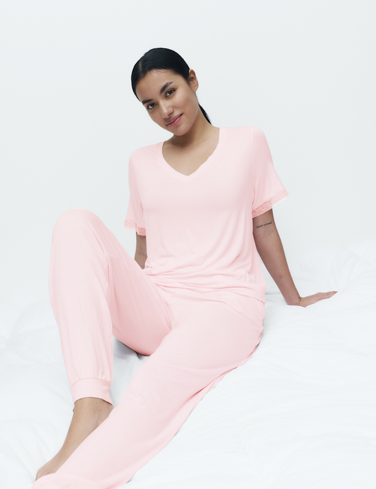 Lace Trim Cuffed Hem Pyjama Set