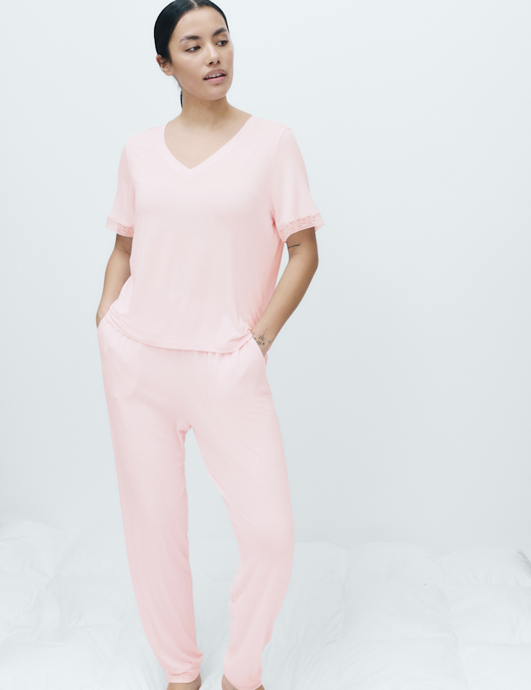 Lace Trim Cuffed Hem Pyjama Set