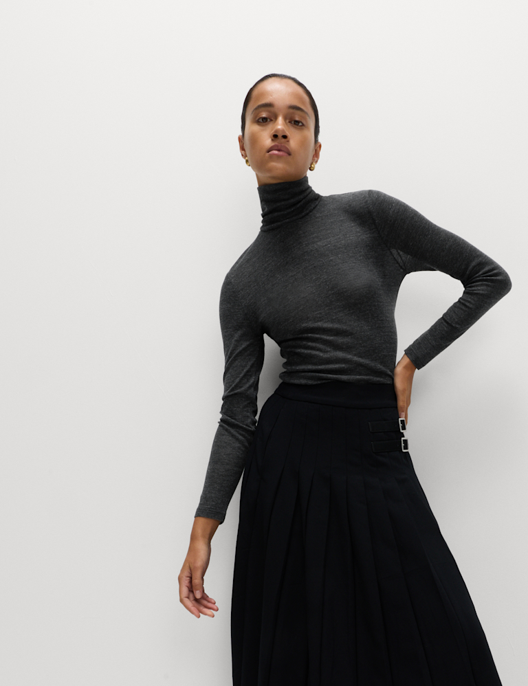 Funnel Neck Long Sleeve Slim Fit Top with Wool