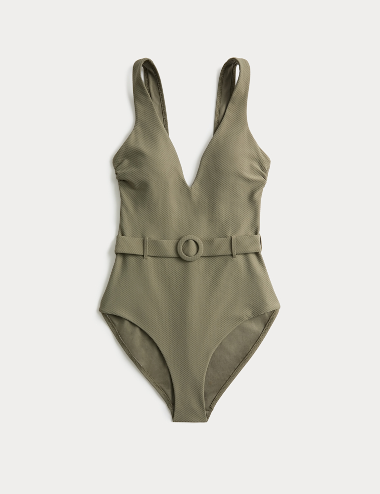 Textured Belted Plunge Swimsuit