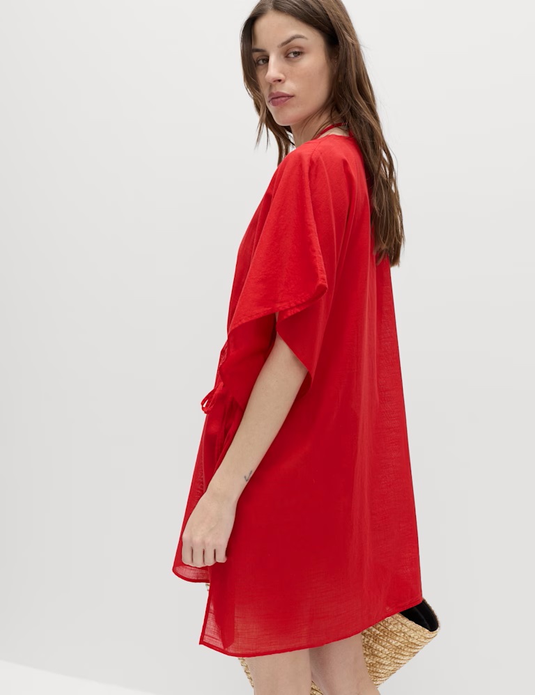 Pure Cotton Tie Detail Mini Kaftan Dress