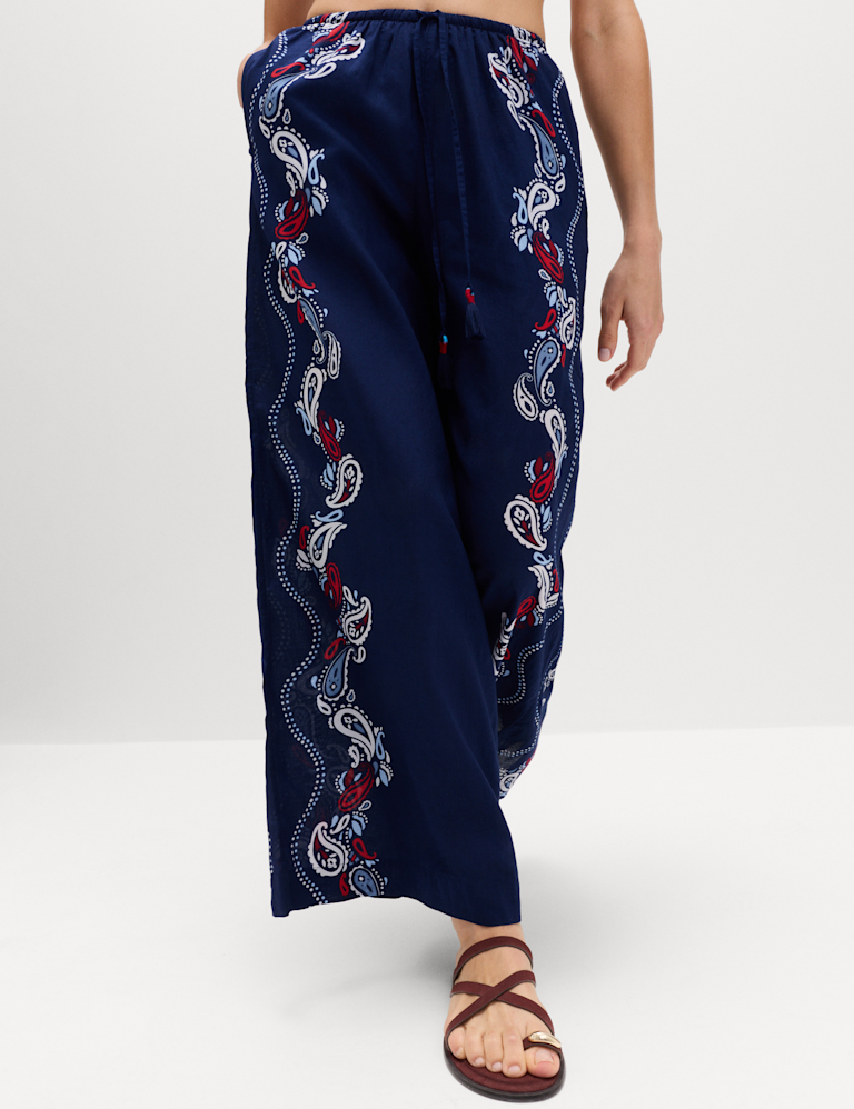 Pure Cotton Printed Drawstring Wide Leg Beach Trousers