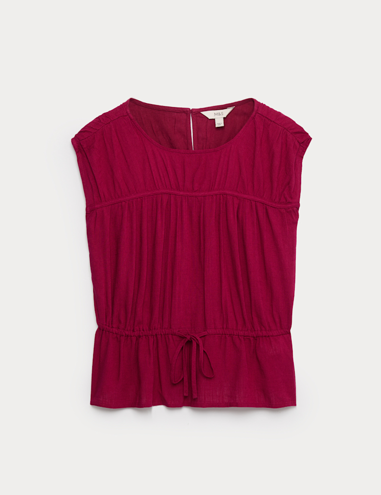 Ruched Scoop Neck Regular Fit Top with Linen
