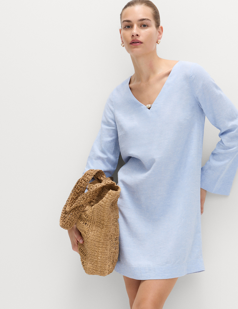 Linen Rich V-Neck Bead Detail Mini Shift Dress