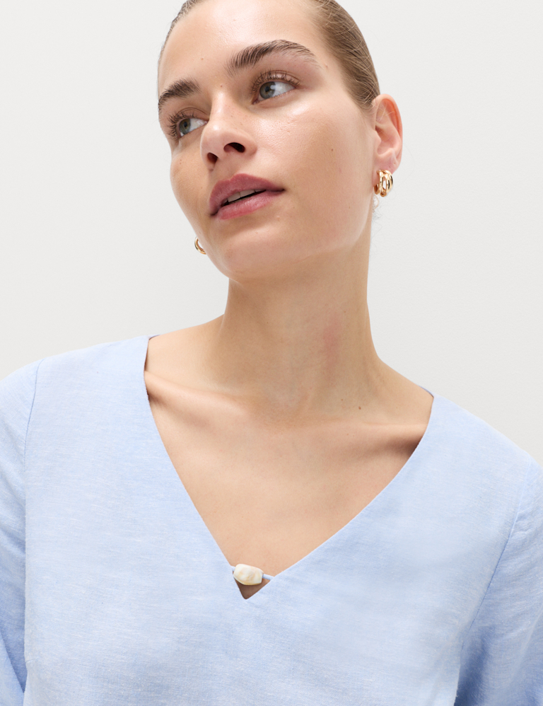Linen Rich V-Neck Bead Detail Mini Shift Dress