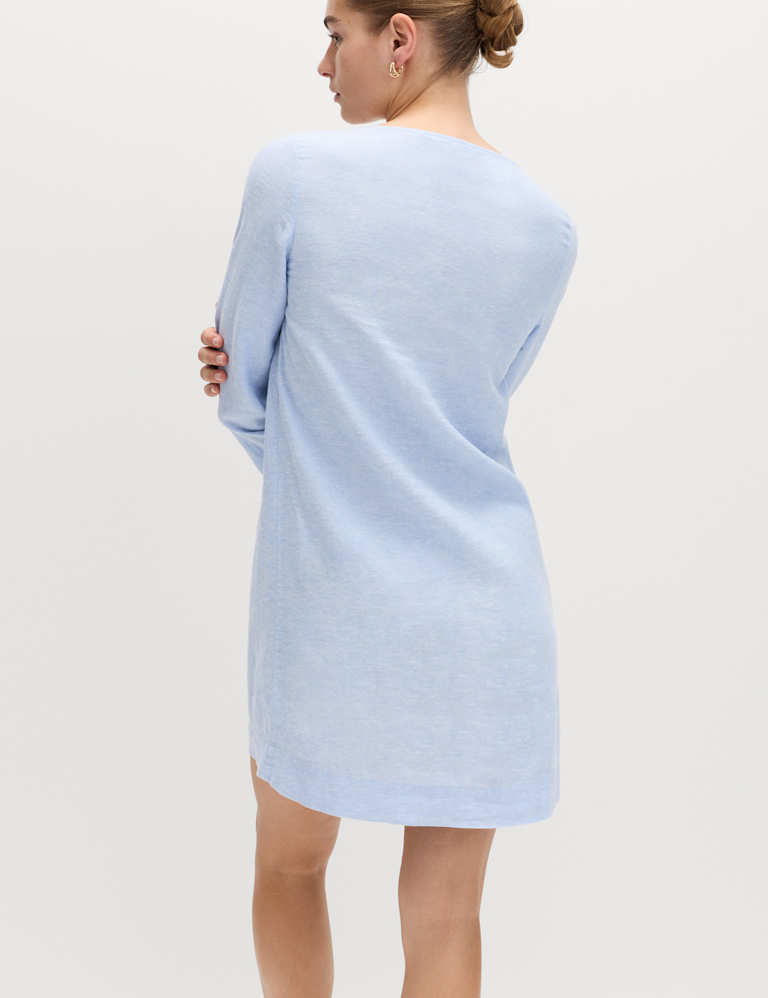 Linen Rich V-Neck Bead Detail Mini Shift Dress
