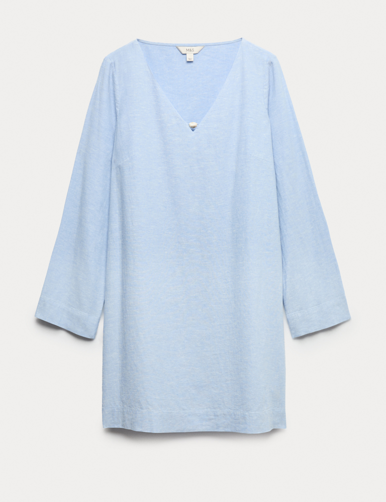 Linen Rich V-Neck Bead Detail Mini Shift Dress