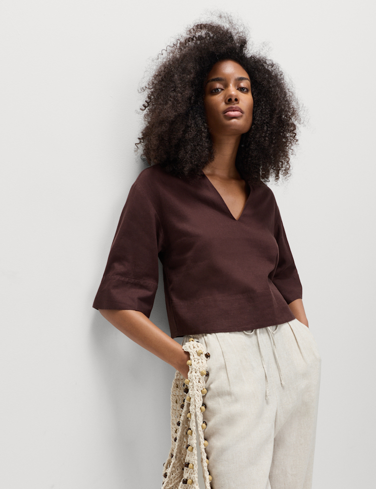 Linen Rich Collared Crop Top Linen Rich Collared Crop Top