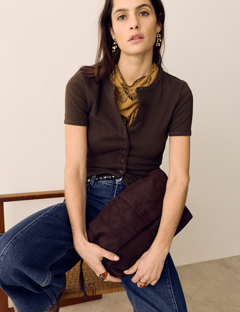 Cotton Rich Ribbed Button Front Top