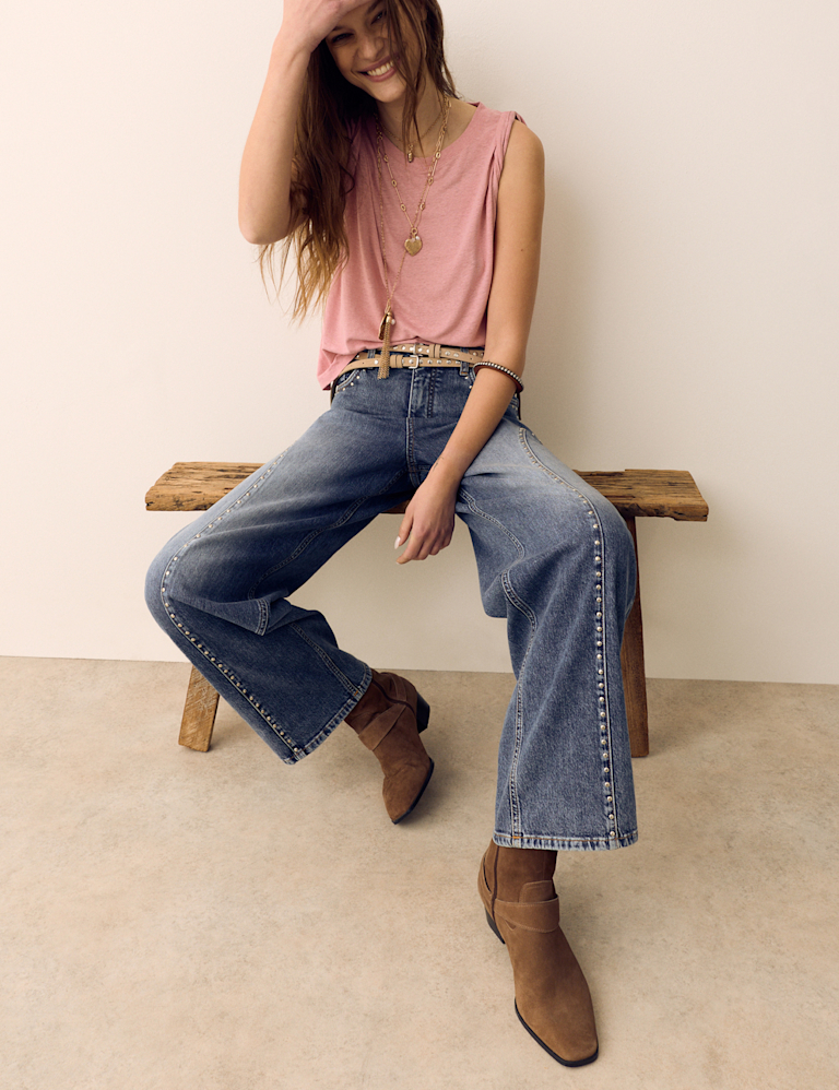 Linen Blend Pleated Shoulder Detail Muscle Top