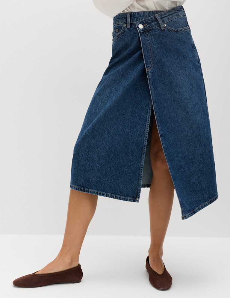 Pure Cotton Denim Asymmetric Midi Wrap Skirt Pure Cotton Denim Asymmetric Midi Wrap Skirt