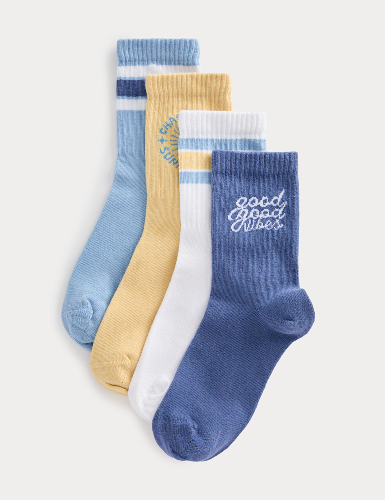 4 Pack Cotton Rich Good Vibes Striped Socks (6 Small-7 Large) 4 Pack Cotton Rich Good Vibes Striped Socks (6 Small-7 Large)