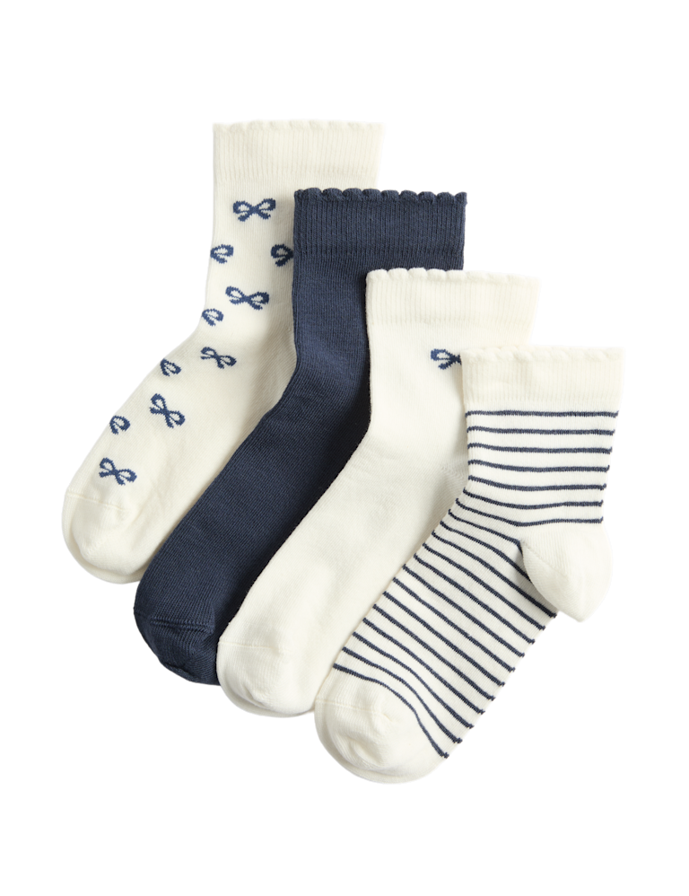 4 Pack Cotton Rich Bow & Striped Socks (6 Small-7 Large)