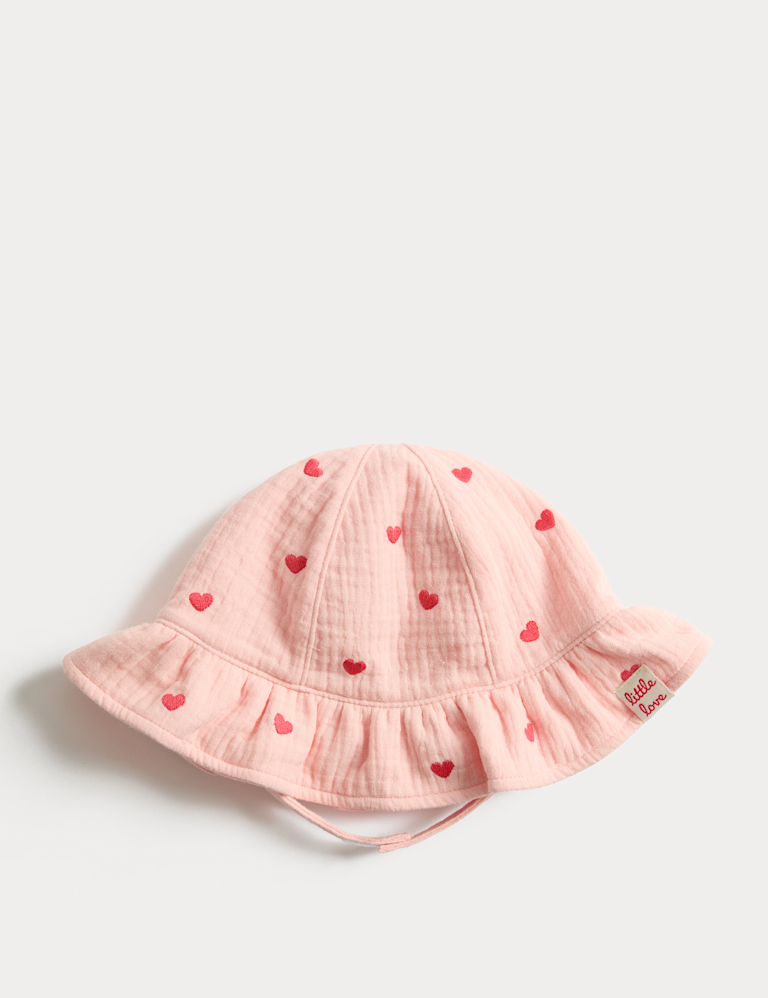 Pure Cotton Embroidered Heart Sun Hat (0-3 Yrs)