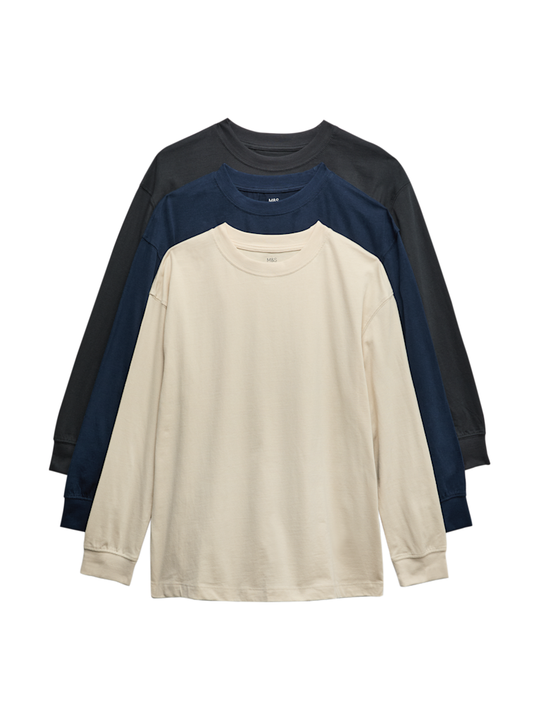 3 Pack Pure Cotton Long Sleeve Tops (6-16 Yrs)