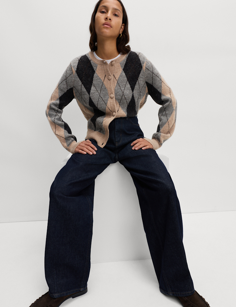 Argyle Crew Neck Cardigan With Wool Argyle Crew Neck Cardigan With Wool