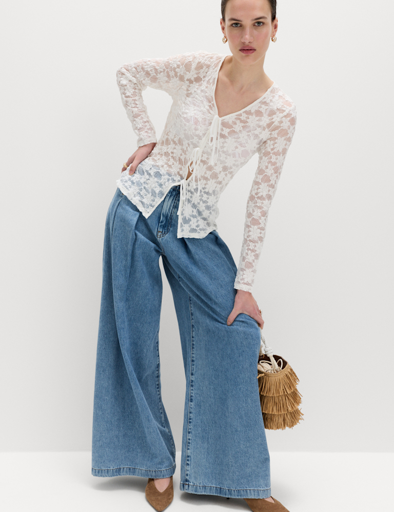 Cotton Blend Floral Lace Tie Front Top Cotton Blend Floral Lace Tie Front Top