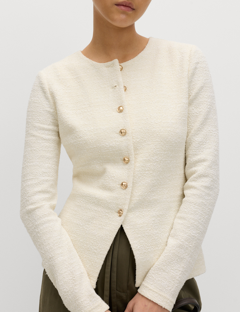 Textured Button Detail Peplum Top with Cotton Textured Button Detail Peplum Top with Cotton