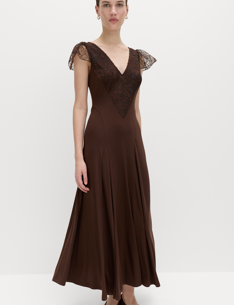 Jersey V-Neck Lace Panel Midaxi Column Dress