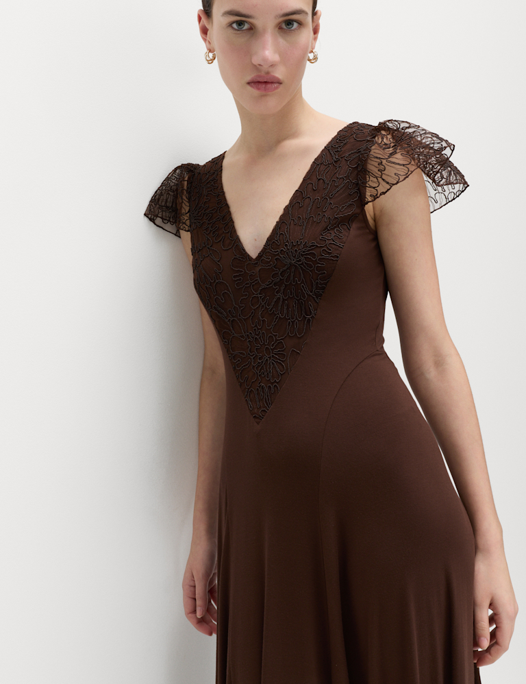 Jersey V-Neck Lace Panel Midaxi Column Dress