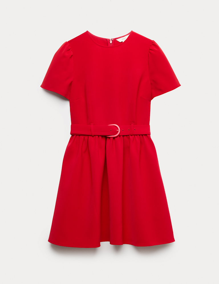 Puff Sleeve Belted Mini Skater Dress