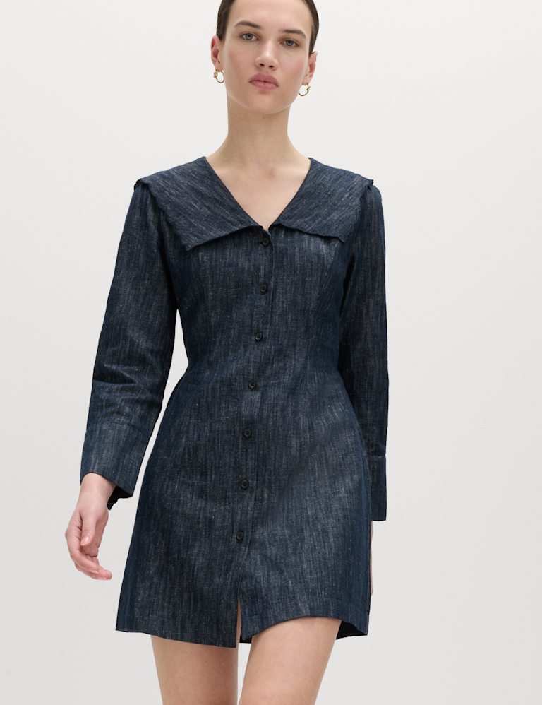 Denim Sailor Collar Mini Dress with Linen