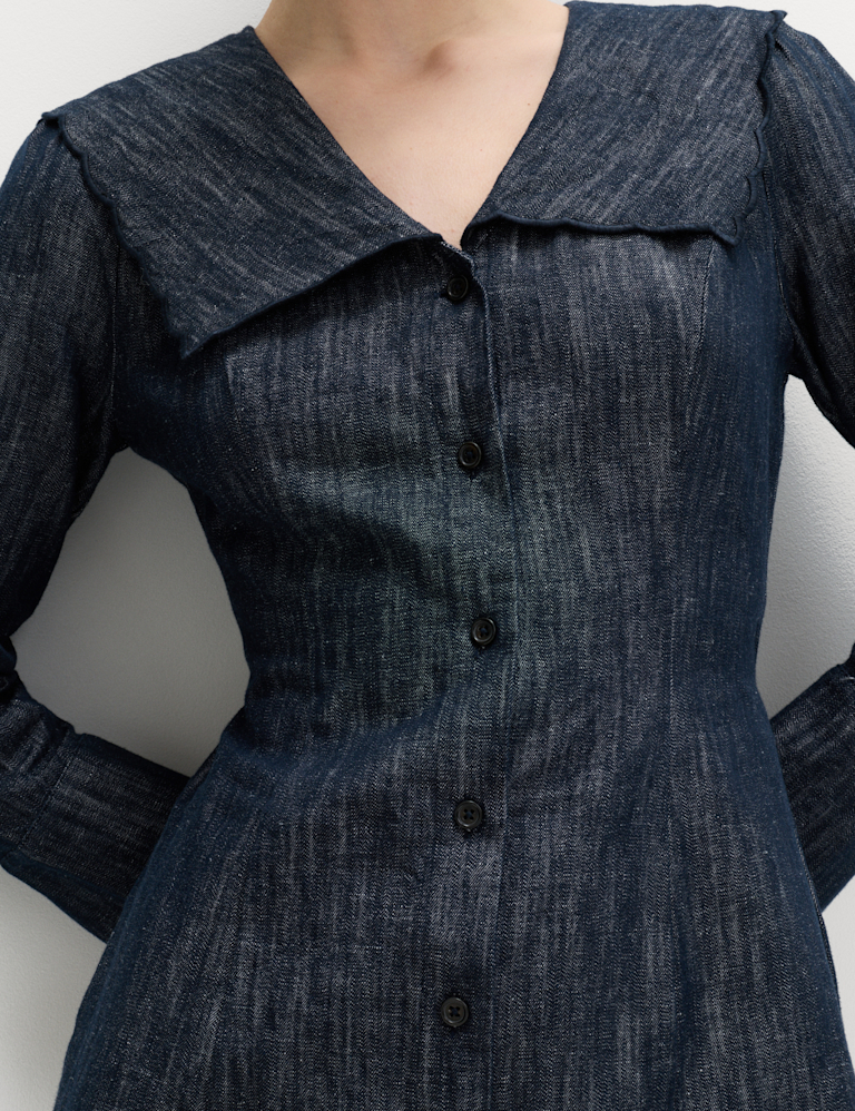Denim Sailor Collar Mini Dress with Linen