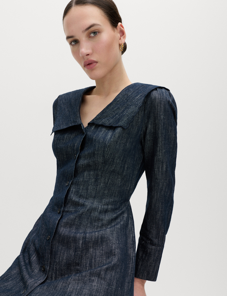 Denim Sailor Collar Mini Dress with Linen